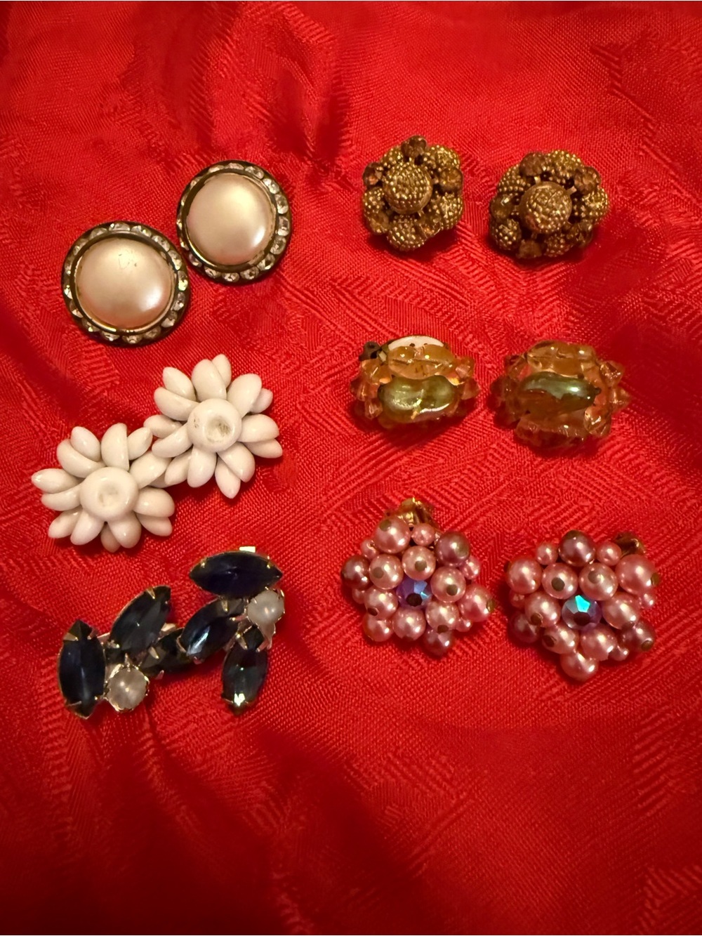 Vintage-Inspired Pearl Cluster and Bead Earrings Set - Pink, White, Gold